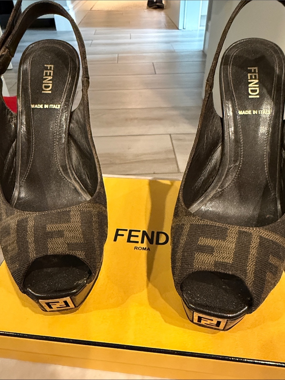 Fendi Brown Zucca Peep-Toe Slingback Heels